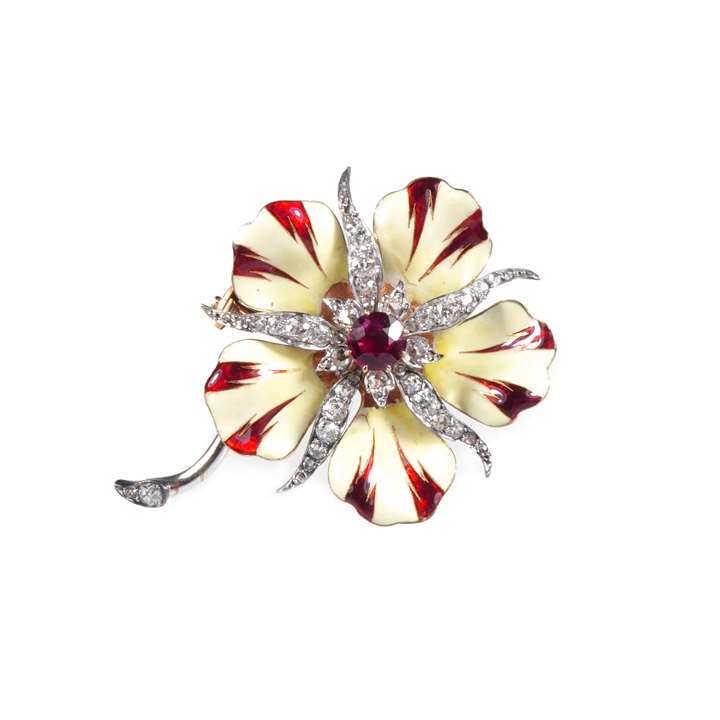 Antique diamond, red spinel and enamel flower brooch